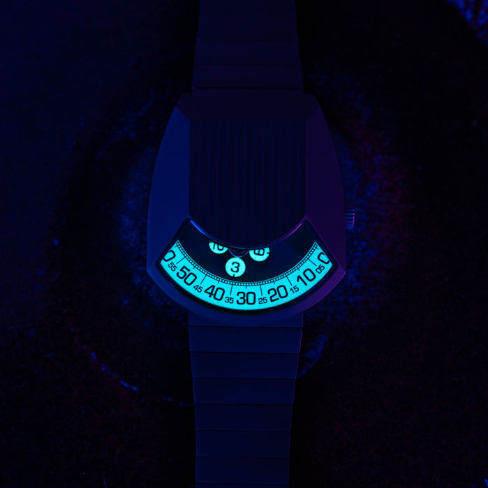 Xeric Retronaut Automatic Wandering Hour Matte Steel White angled shot picture