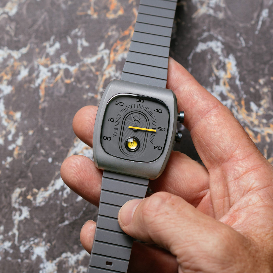 Retroscope Jump Hour Gray Yellow | Xeric.com – Watches.com