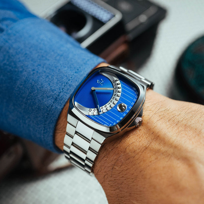 Xeric Timeline Retrograde Automatic Blue angled shot picture