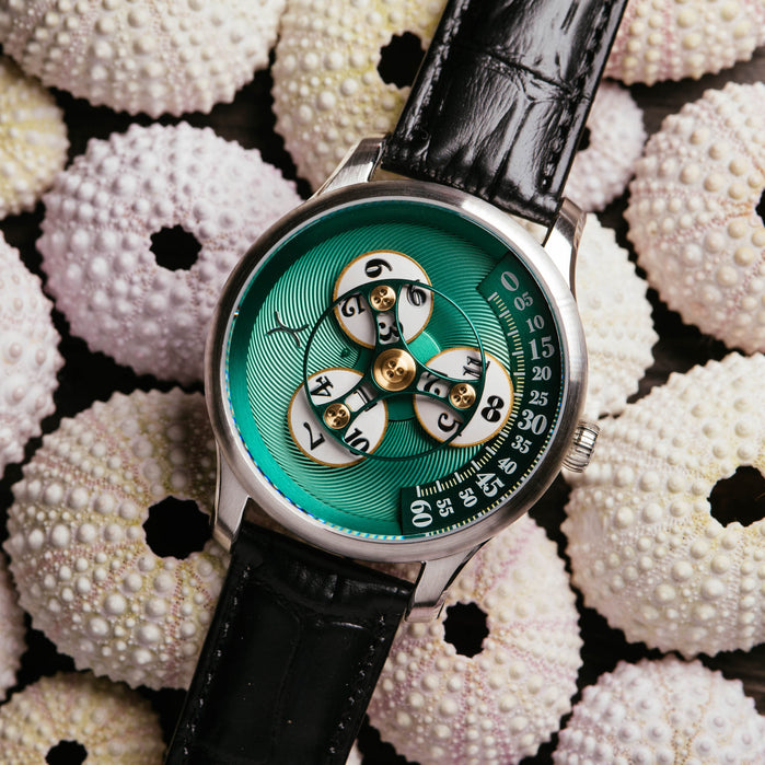Xeric Triptych Automatic Wandering Hour Emerald angled shot picture