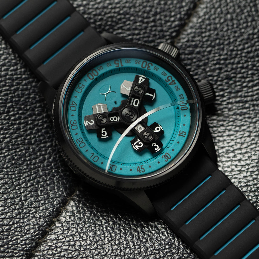 Xeric Vendetta II Automatic Wandering Hour Black Cyan Lume