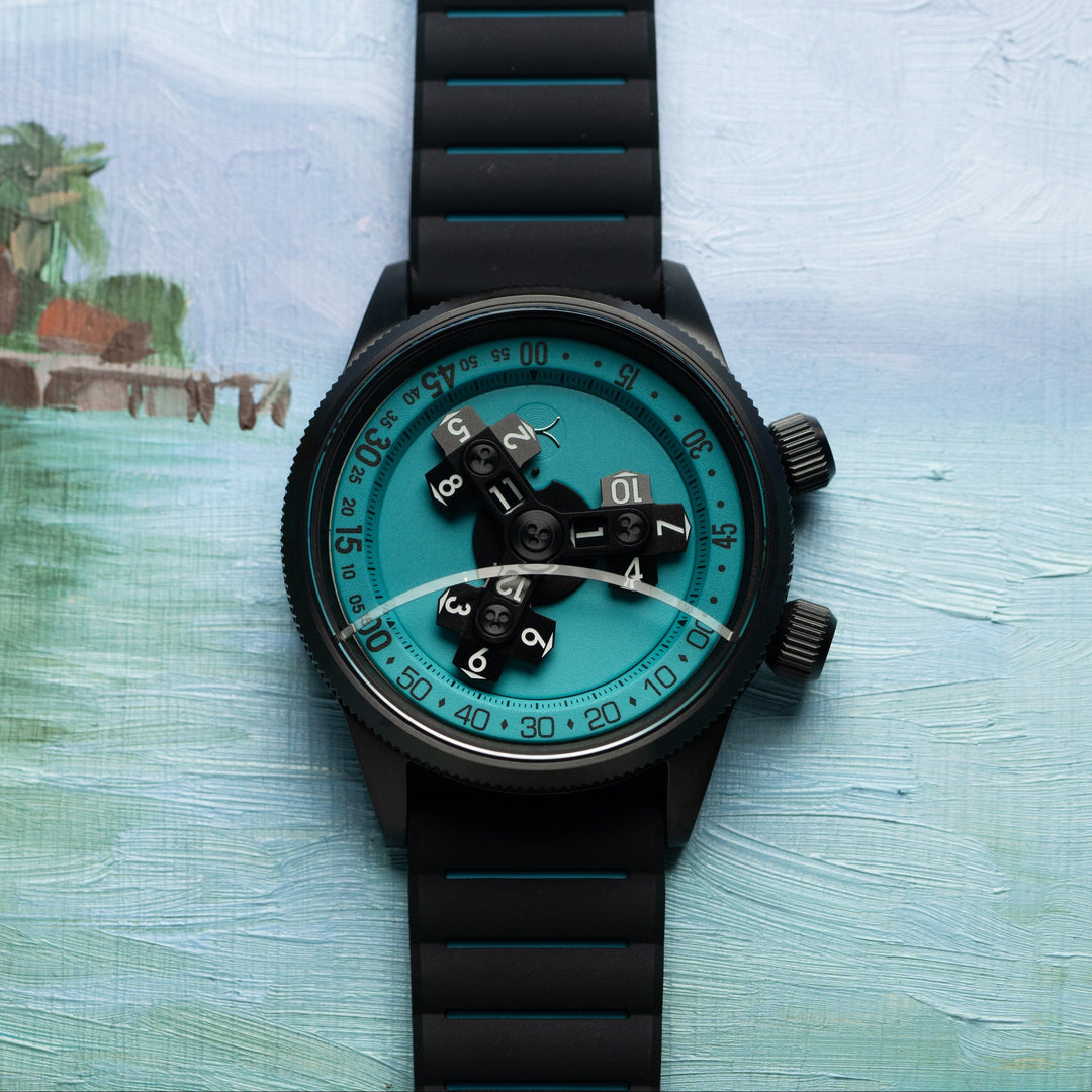 Xeric Vendetta II Automatic Wandering Hour Black Cyan Lume