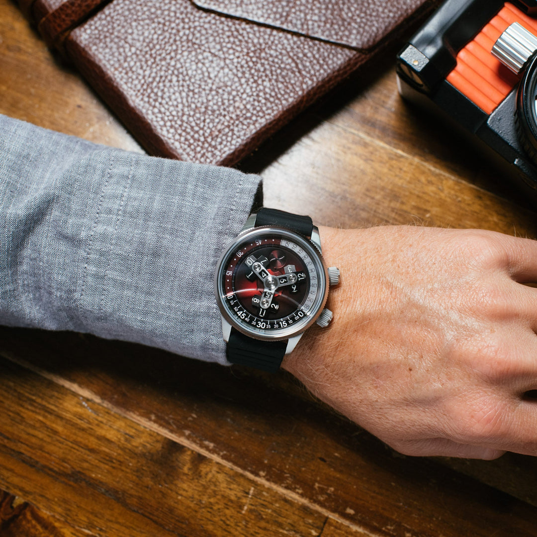 Xeric Vendetta II Automatic Wandering Hour Oxblood | Watches.com