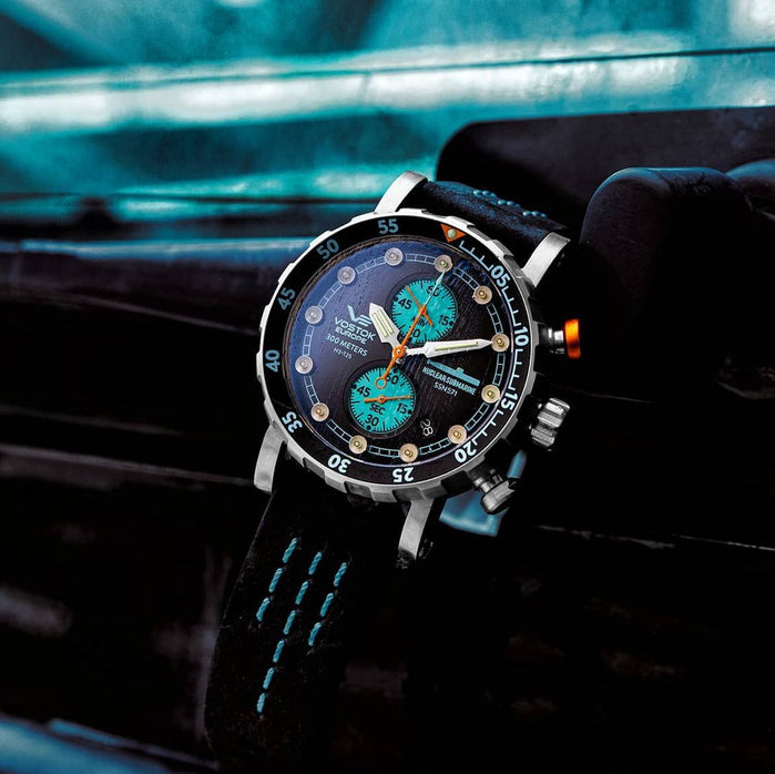 Vostok-Europe SSN-571 Nuclear Submarine Chrono Black Blue Limited Edition angled shot picture