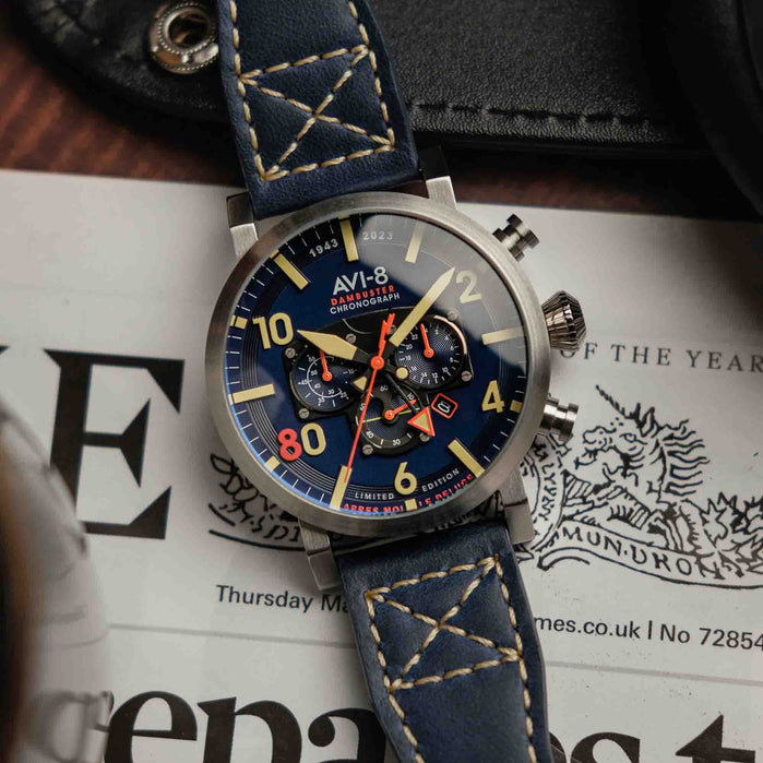 AVI-8 Dambuster 617 Squadron 80th Anniversary Dual Time Chrono Navy Limited Edition angled shot picture