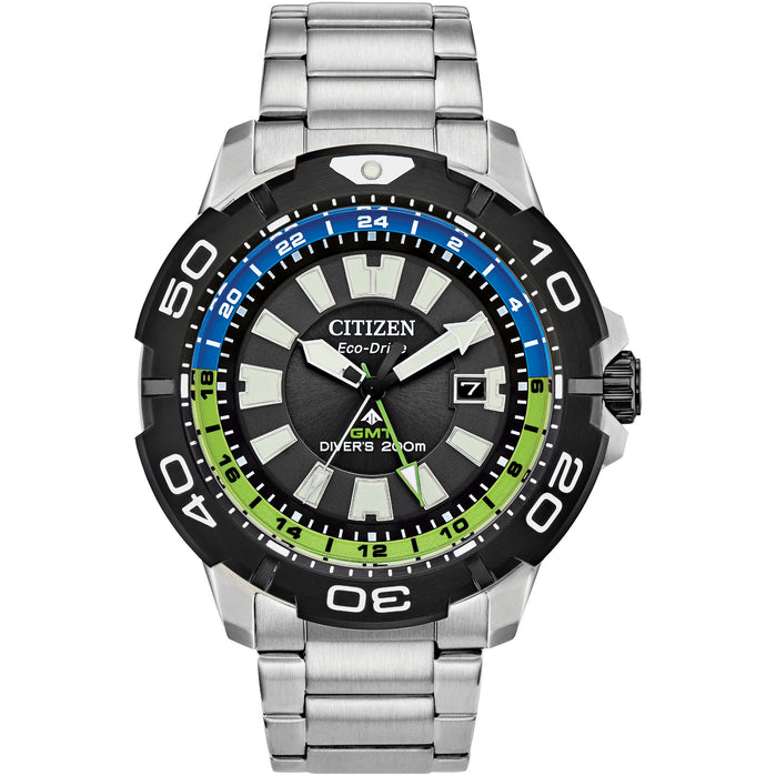 Citizen Eco-Drive Promaster GMT Black Blue Green SS angled shot picture