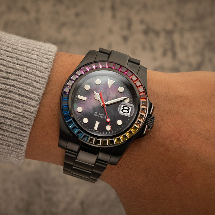 Duxot Atlantica Rainbow Diver Automatic Black MOP SS Limited Edition angled shot picture