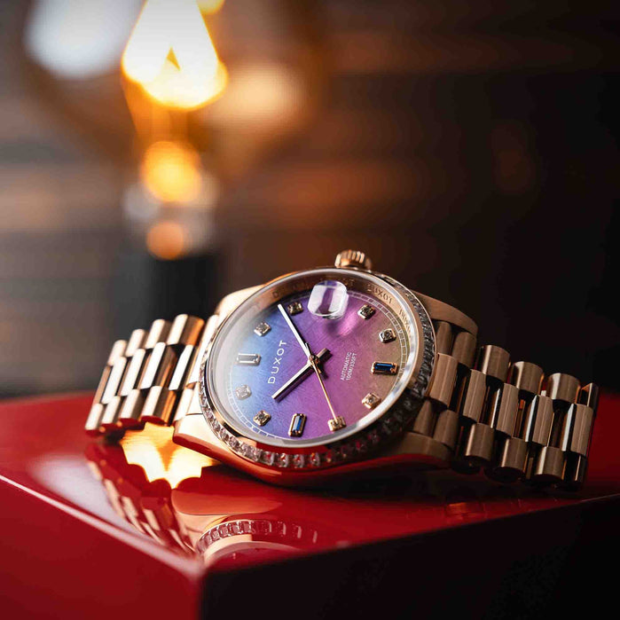 Duxot Serenata Rainbow Diver Automatic Rose Gold Purple Meteorite Limited Edition angled shot picture