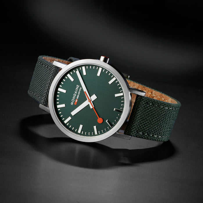 Mondaine Classic Recycled PET 40mm Forest Green angled shot picture