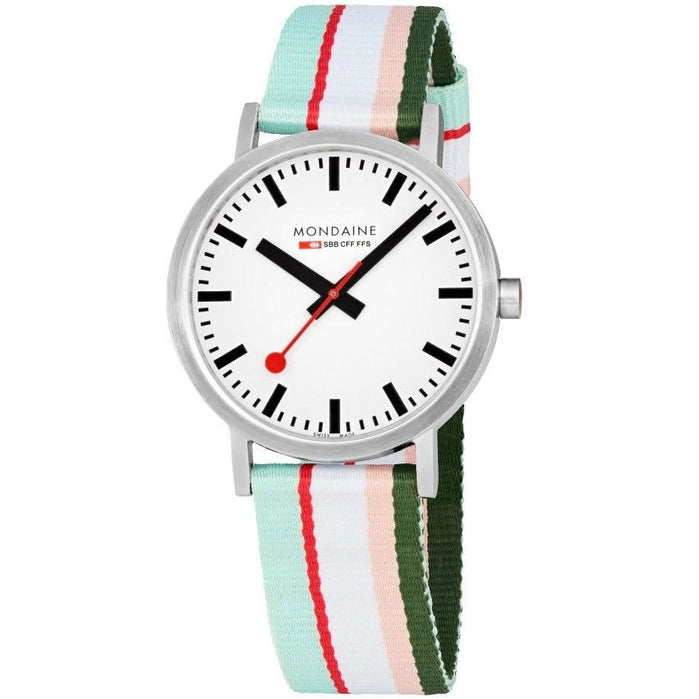 Mondaine Classic 40mm Pink Green Stripe angled shot picture