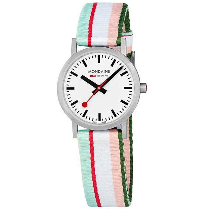 Mondaine Classic 30mm Pink Green Stripe angled shot picture