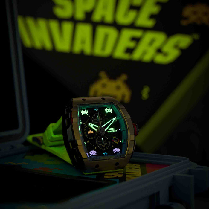 Nubeo Magellan Chronograph Space Invaders Alien Green Limited Edition angled shot picture