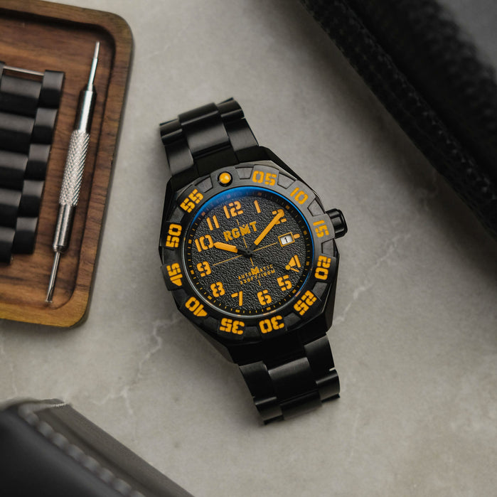 RGMT Field Master Automatic Watch Black Yellow angled shot picture