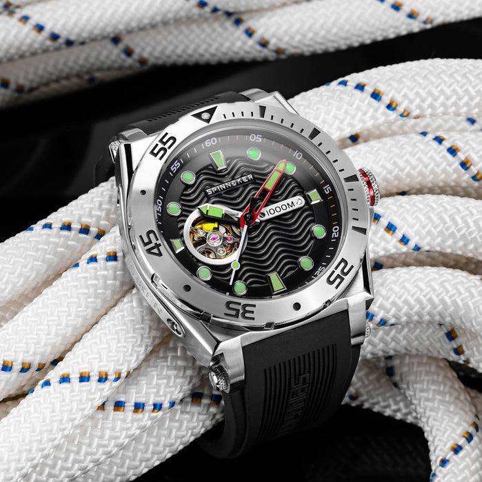 Spinnaker Overboard 1000M Automatic Black Red Silver angled shot picture