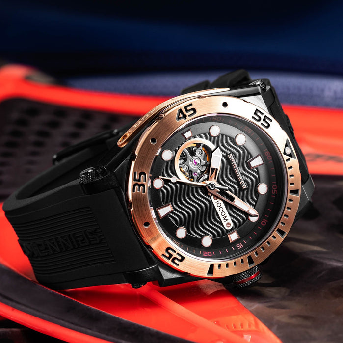Spinnaker Overboard 1000M Automatic Black Rose Gold angled shot picture