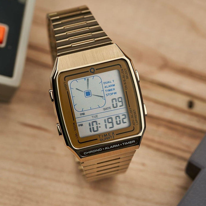 Timex Q LCA Reissue Digital 33mm Gold angled shot picture