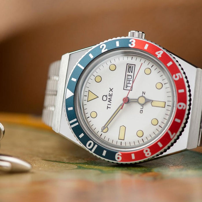 Timex Q 1979 Reissue 38mm Blue Red White angled shot picture
