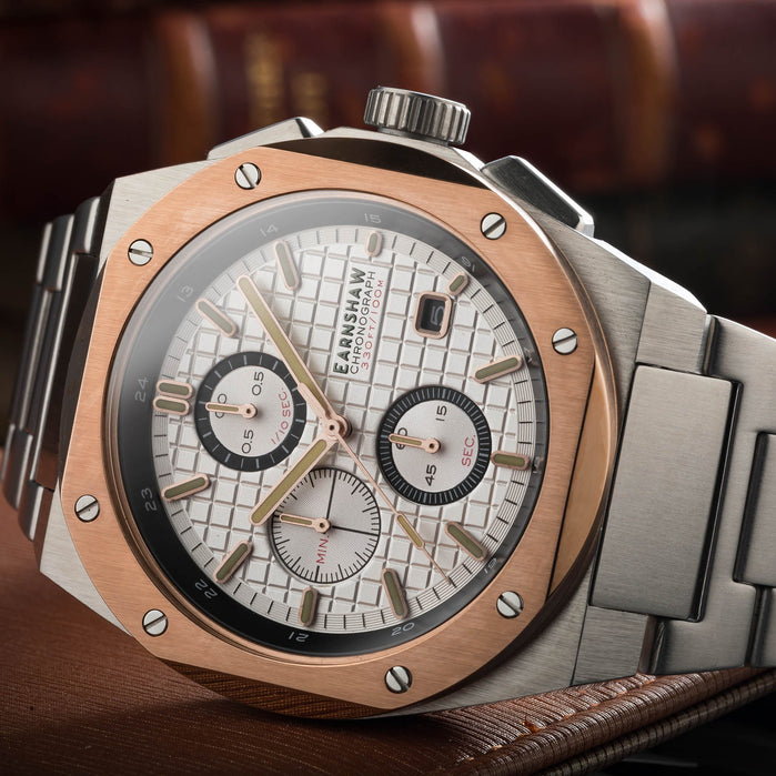 Thomas Earnshaw Bessemer Chronograph White Rose Gold angled shot picture
