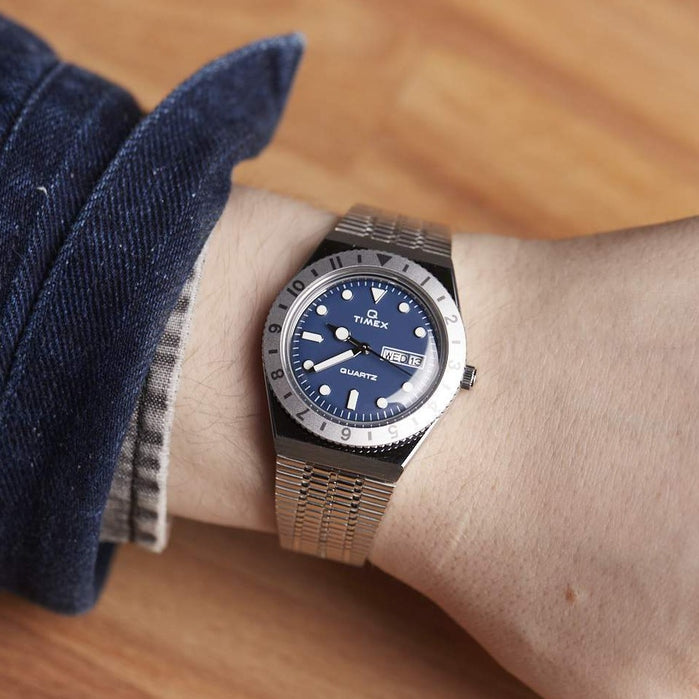Timex Q 36mm Blue Silver SS angled shot picture
