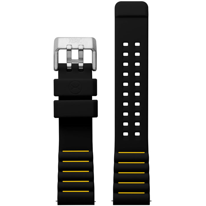 Xeric 22mm Black Yellow Silicone Strap Silver Buckle angled shot picture