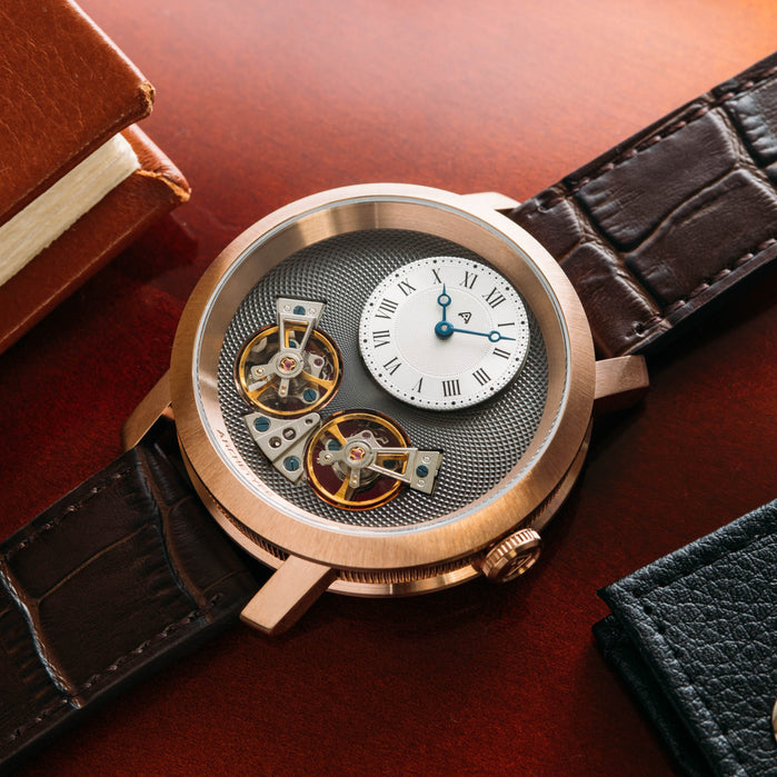 Archetype Caspian Automatic Rose Gold Silver Brown angled shot picture