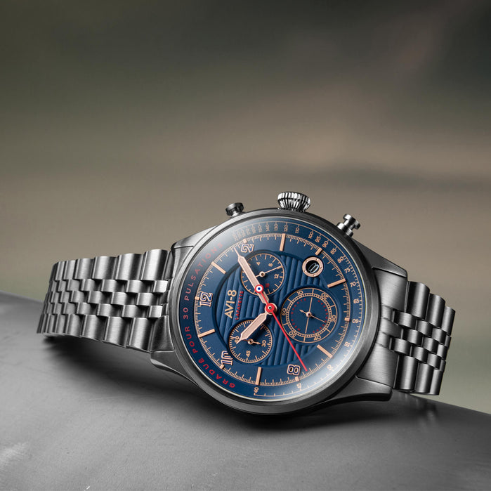 AVI-8 Flyboy Lafayette Chronograph Silver Blue SS angled shot picture