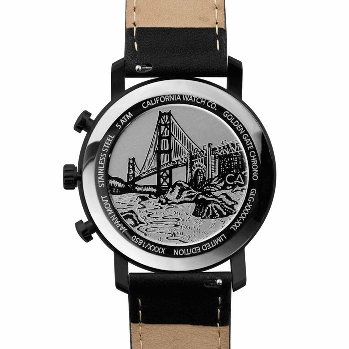 California Watch Co. Golden Gate Chrono Leather All Black Gold angled shot picture