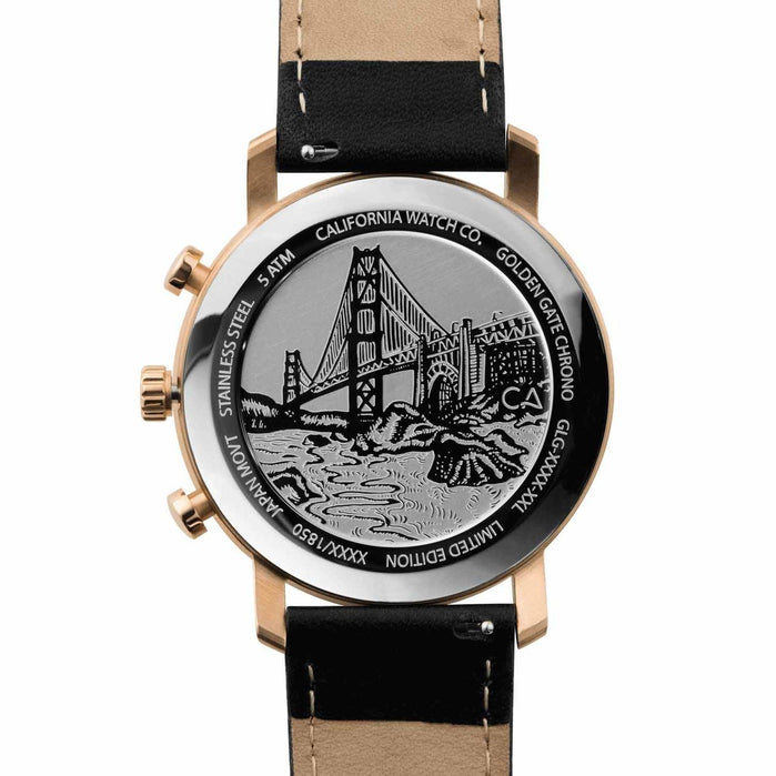 California Watch Co. Golden Gate Chrono Leather Rose Gold Black angled shot picture