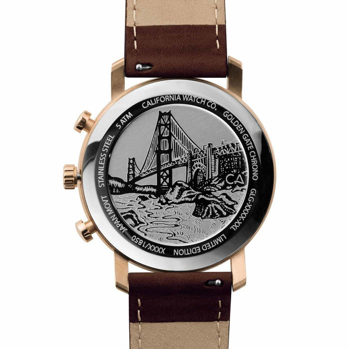 California Watch Co. Golden Gate Chrono Leather Rose Gold White angled shot picture