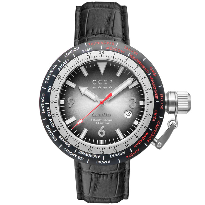 CCCP Russia Timezone Automatic Silver Black angled shot picture