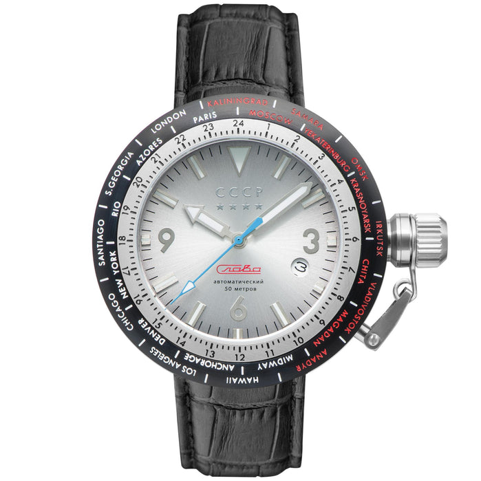 CCCP Russia Timezone Automatic Silver Black angled shot picture