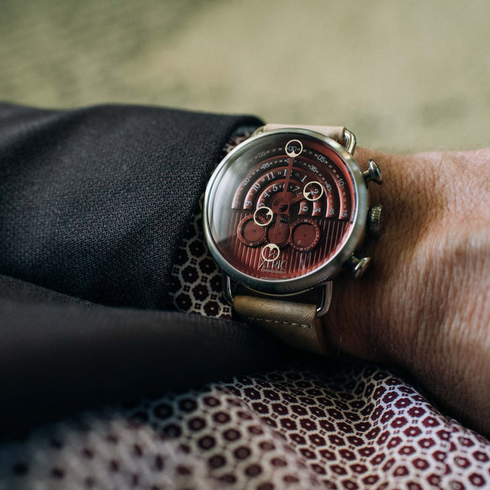 Xeric Halograph Chrono Sapphire Silver Oxblood angled shot picture