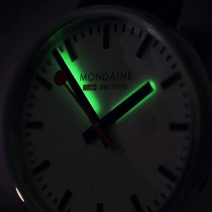 Mondaine stop2go Backlight Swiss Red White angled shot picture