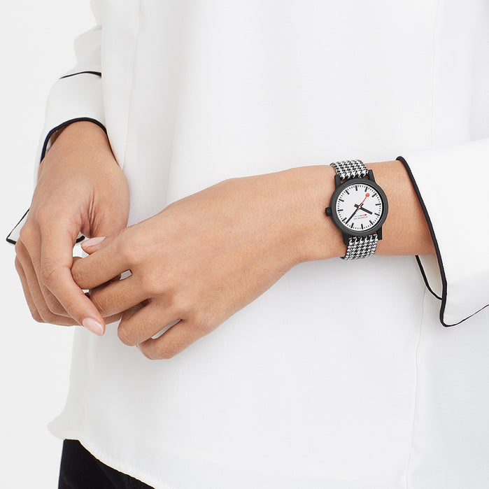 Mondaine Essence Recycled PET 32mm Black Houndstooth angled shot picture