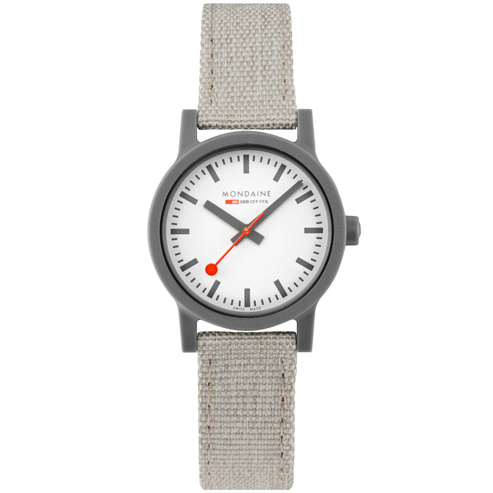 Mondaine Essence Recycled PET 32mm Light Gray White angled shot picture