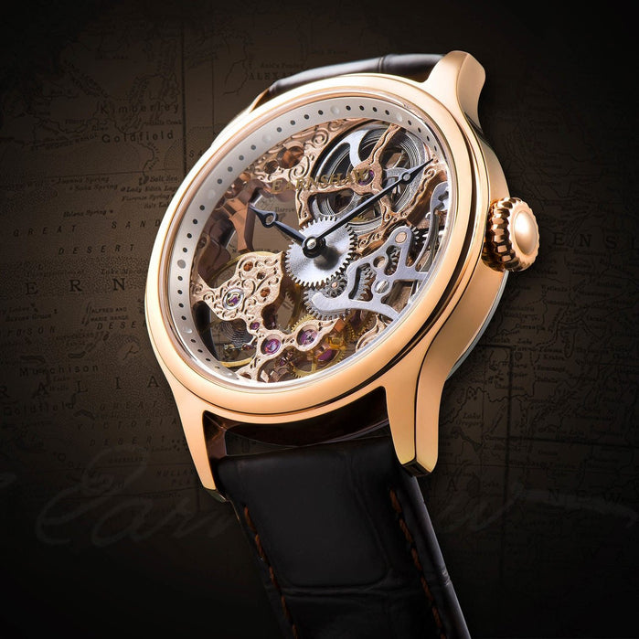 Thomas Earnshaw Bauer Hand Wind Skeleton Rose Gold angled shot picture