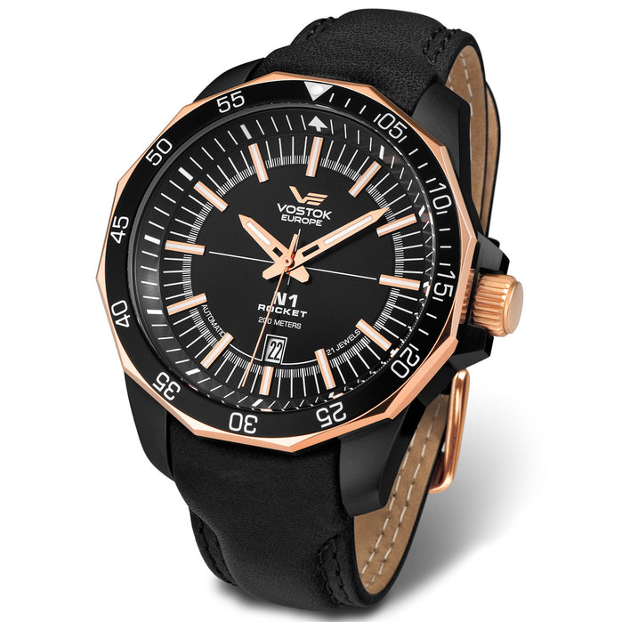 Vostok-Europe N1-Rocket Automatic Rose Gold Black angled shot picture
