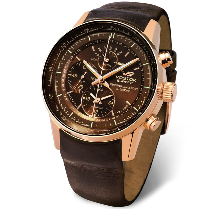 Vostok-Europe Gaz-14 Limousine Perpetual Calendar 45mm Rose Gold Brown angled shot picture