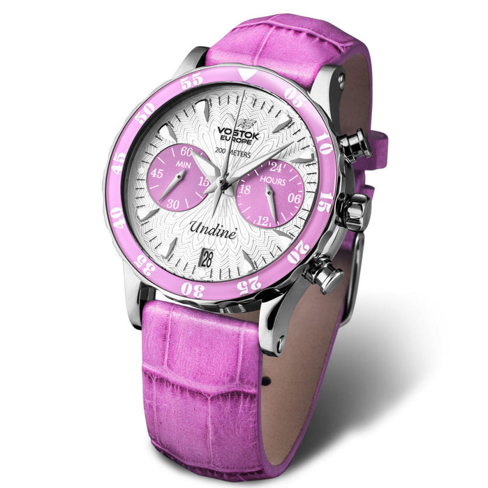 Vostok-Europe Undine Chrono 39mm Silver Pink angled shot picture
