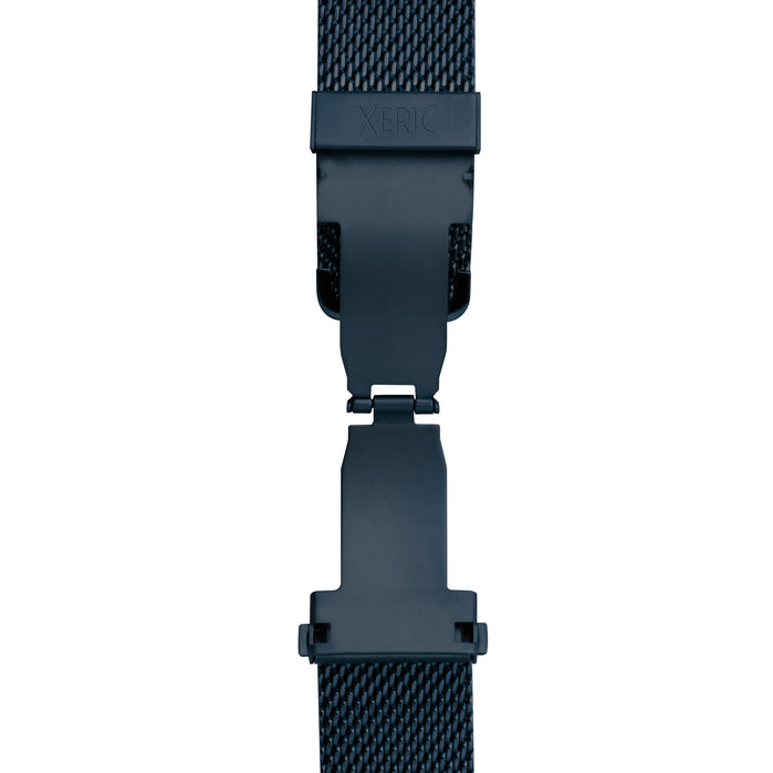 Xeric 20mm Blue PVD Mesh Bracelet with Deployant Clasp angled shot picture