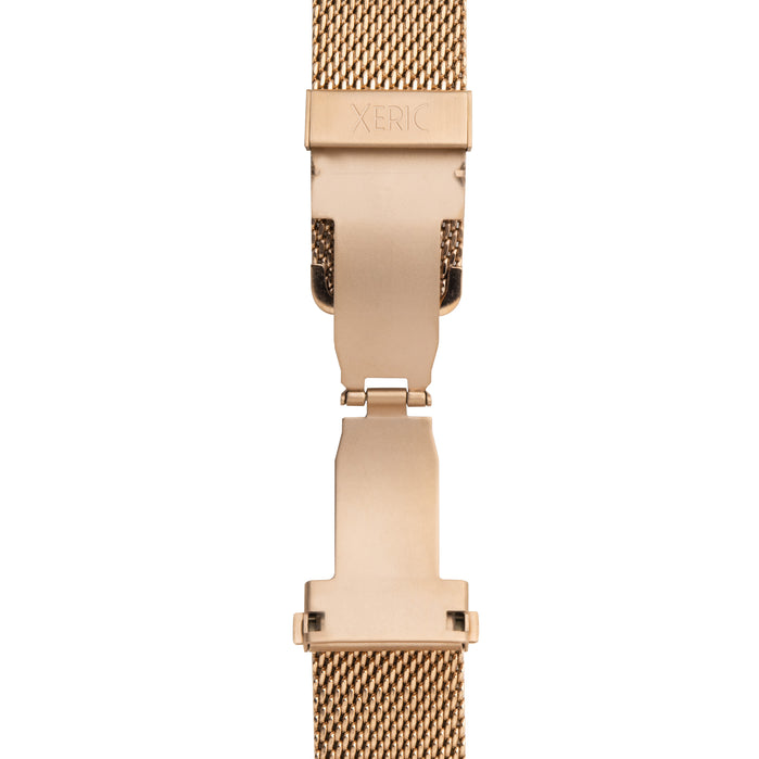 Xeric 20mm Rose Gold PVD Mesh Bracelet with Deployant Clasp angled shot picture