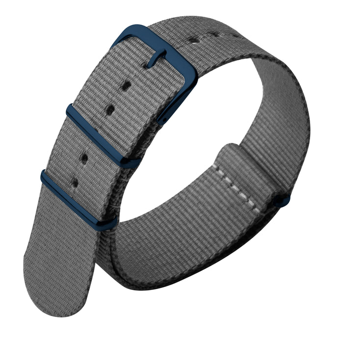 Xeric 22mm Military Strap Grey with Blue Hardware angled shot picture