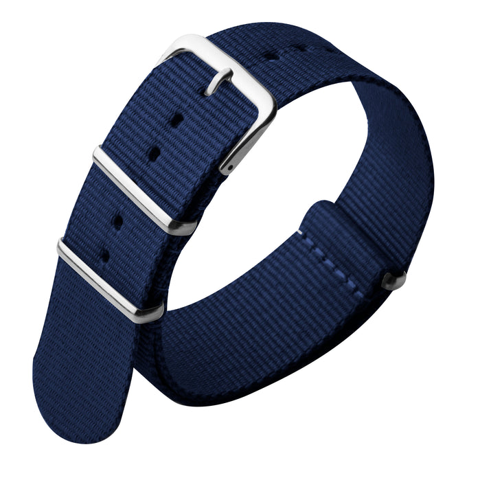 Xeric 22mm Military Strap Blue with Silver Hardware angled shot picture