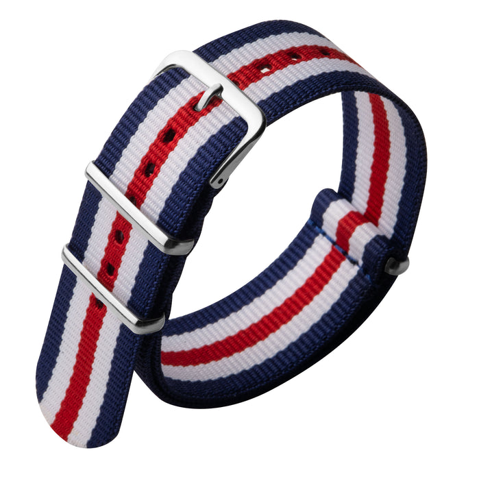 Xeric 22mm Military Strap Red White Blue with Silver Hardware angled shot picture