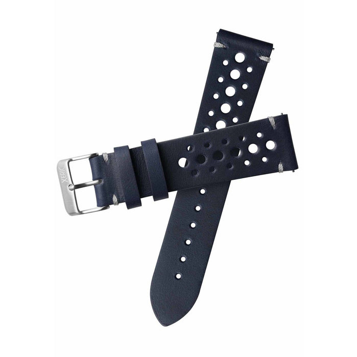 Xeric 22mm Horween Leather Racing Navy Strap Silver Buckle angled shot picture