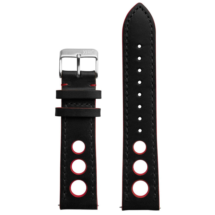 Xeric 24mm Horween Leather Rally Black Red Strap Silver Buckle angled shot picture
