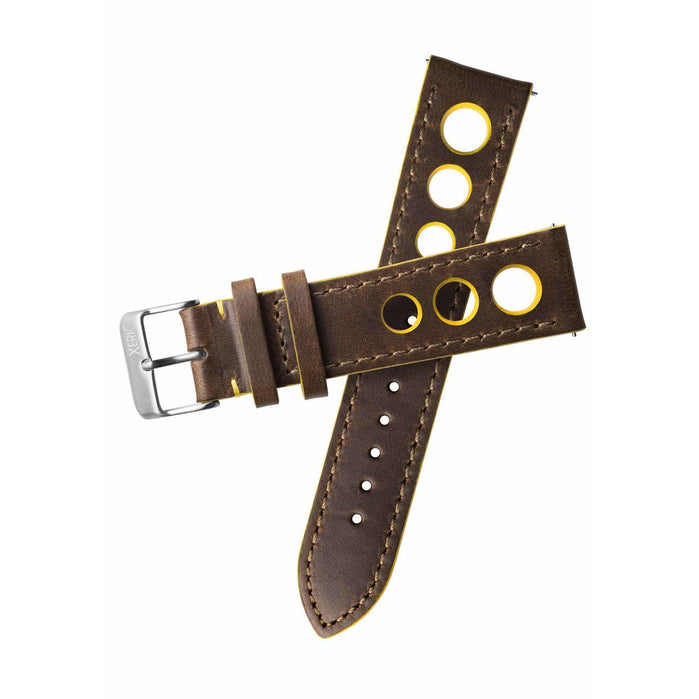 Xeric 24mm Horween Leather Rally Brown Yellow Strap Silver Buckle angled shot picture