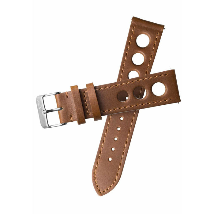 Xeric 20mm Horween Leather Rally Tan Black Strap Silver Buckle angled shot picture