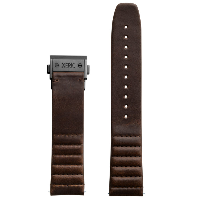 Xeric 22mm Ribbed Horween Leather Brown Strap with Gunmetal Deployant Clasp angled shot picture