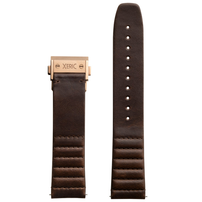Xeric 22mm Ribbed Horween Leather Brown Strap with Rose Gold Deployant Clasp angled shot picture